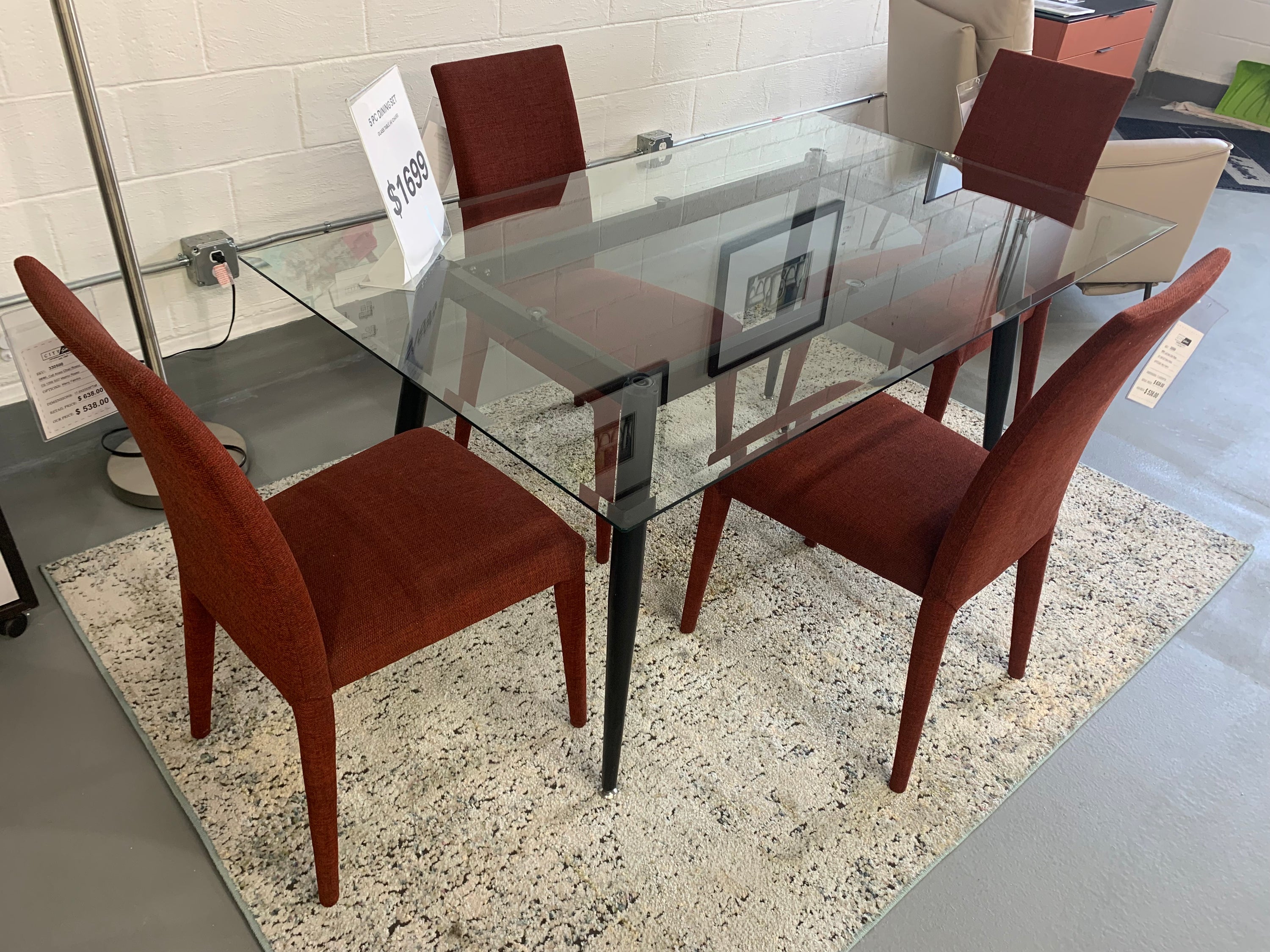 Dining Set, (1) Glass Dining Table (4) Anais Fabric Upholstered Chair by Calligaris